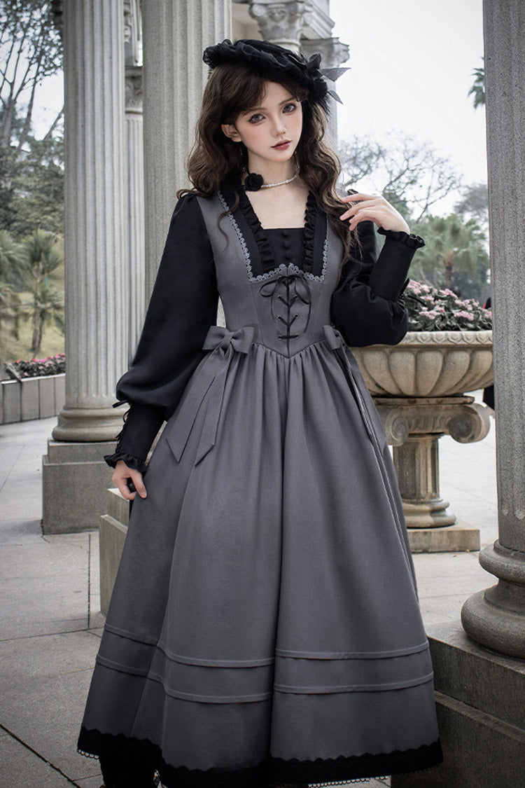 Ash Square-Collar Color-Block Lolita Gown with Lace-Up Bow