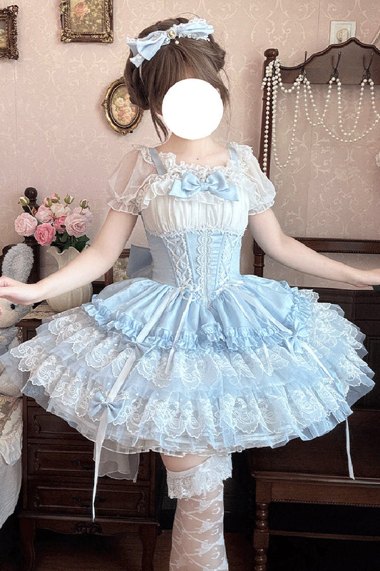 Indigo Sleeveless Triple Ruffle Bow Lace Corset Ballet Jumper Dress - Dance of Time