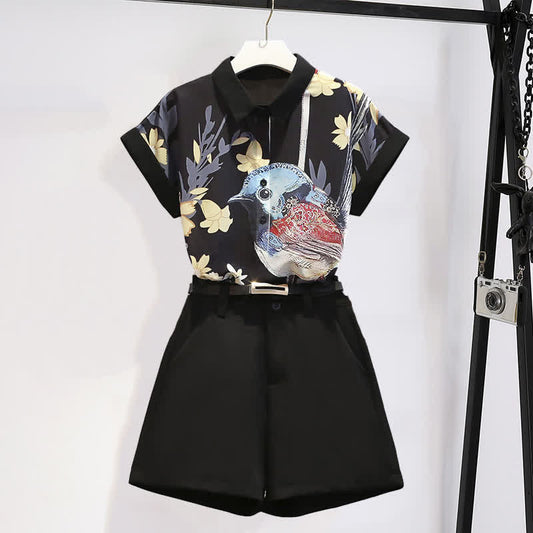 Bird Floral Print Chiffon T-Shirt Casual Shorts