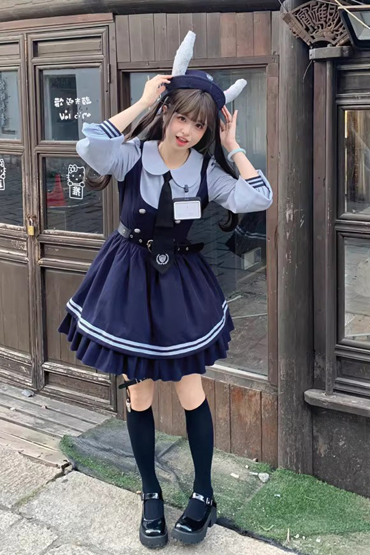 Blue Rabbit Officer Long Sleeves Printed Ruffled Faux Two-Piece College Style Sweet Dress
