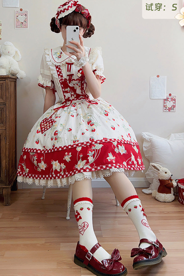 Red Strawberry Orchard Print Ruffled Sweet Lolita Strap Dress