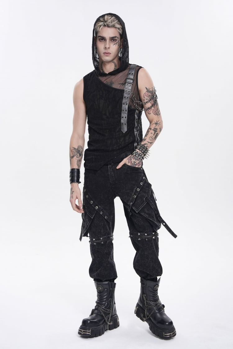 Men's Punk Hooded Vest with Sheer Asymmetric Chain-Decorated Design