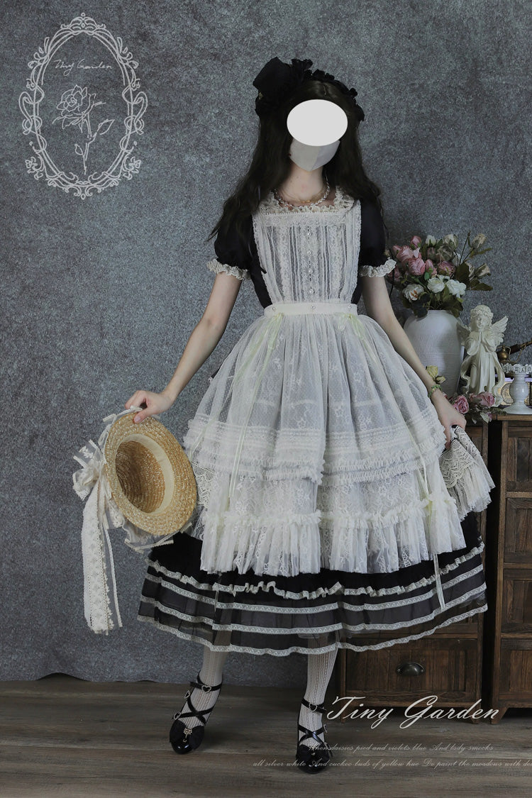 Noir Square Neck Short Sleeve Lace Pearl Sweet Dress - Vintage Ball 3.0
