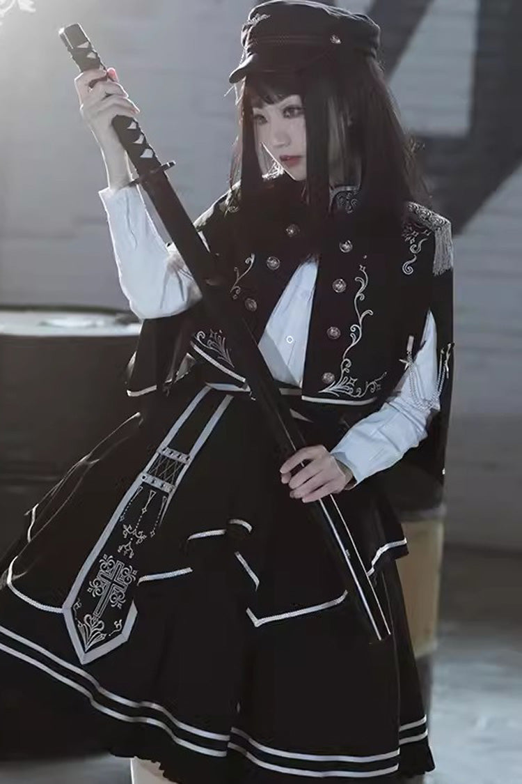 Gothic Military Lolita Skirt with Thorn Print & Ruffle Trim