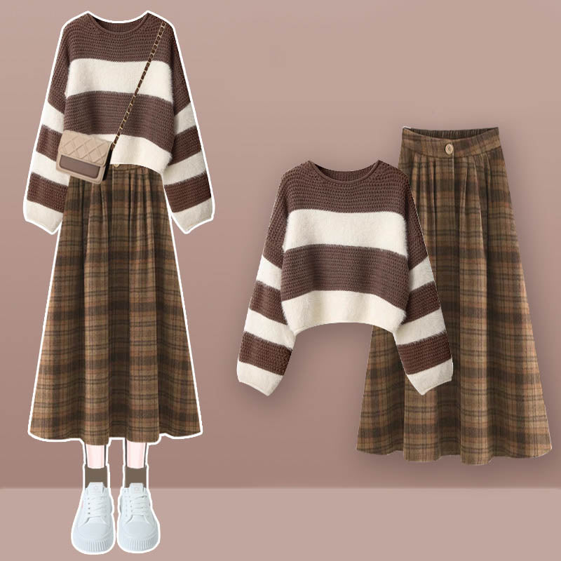 Brown Colorblock Stripe Sweater Plaid Print Skirt