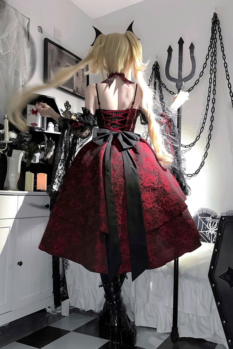Crimson Rose Dish Ruffled Cardigan Bow Lace-Up Gothic Lolita Jumper Dress