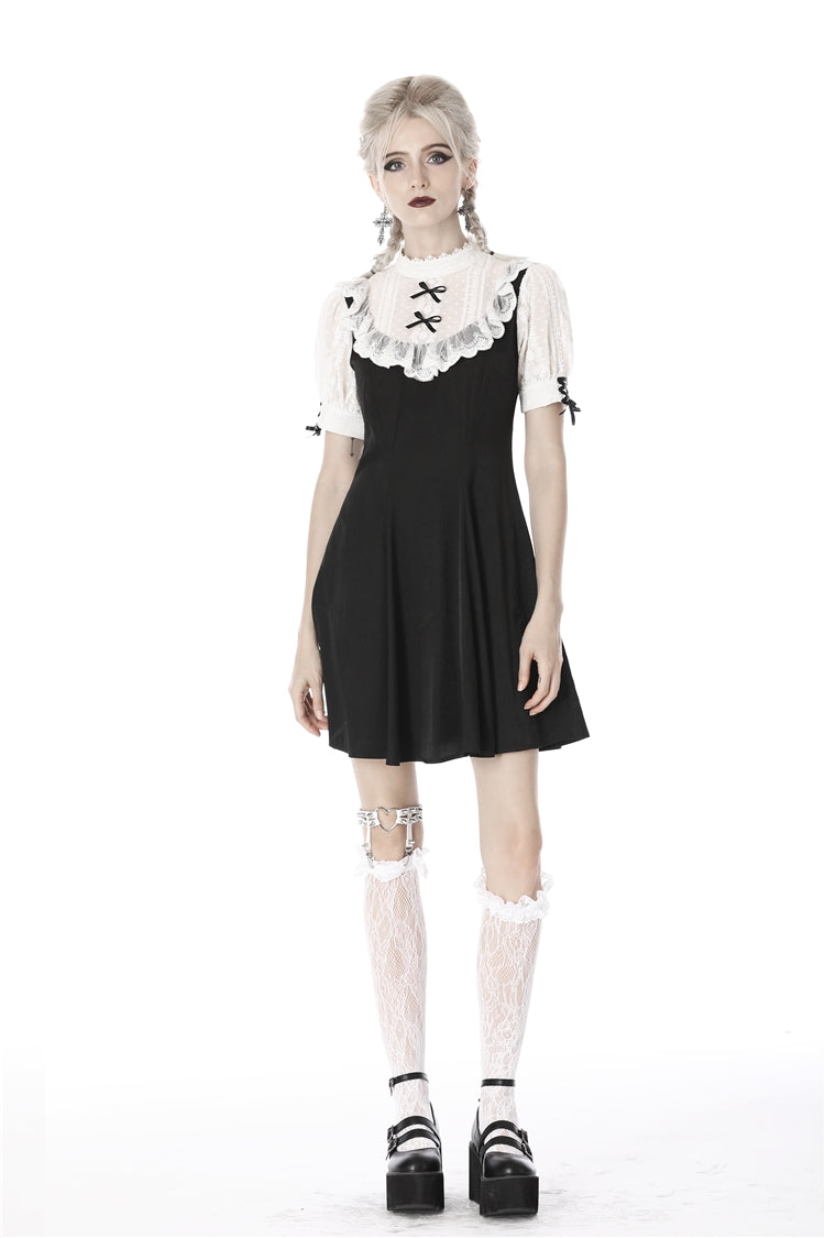Black/White Stand Collar Short Sleeves Ruffled Women's Sweet Gothic Lolita Doll Midi Dress