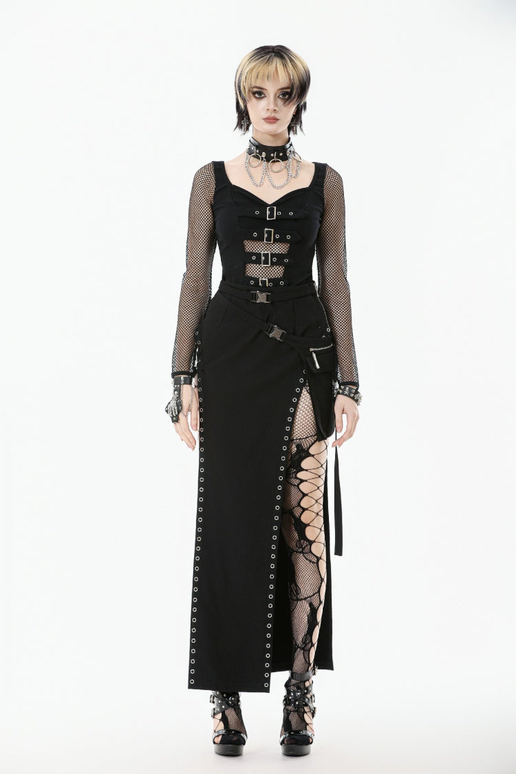 Long-Sleeve Punk Top with Buckled Straps and Mesh Panels