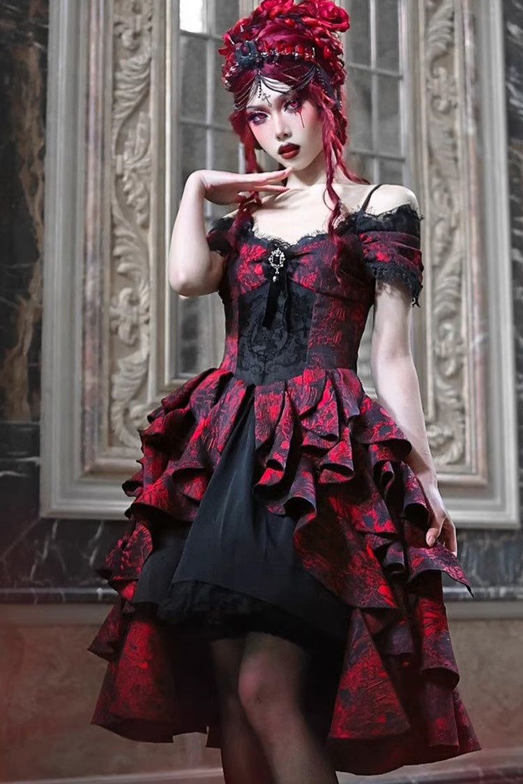 Black Red Feast in Hades Short Sleeve Print Ruffle Cardigan Dress