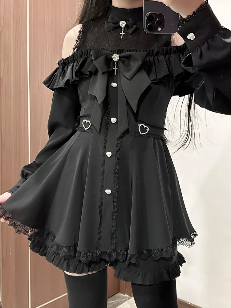 Black Jirai Kei Set Cutout Shoulder Landmine Dress Ruffle Trim Shorts Bows