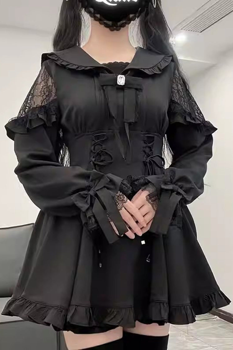 Noir Long Sleeve Ruffle Stitched Lace-Up Jirai Kei Set - Truffle Forest