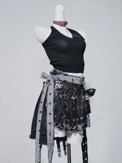 Black Asymmetrical Hem Bow Cross Punk Denim Skirt