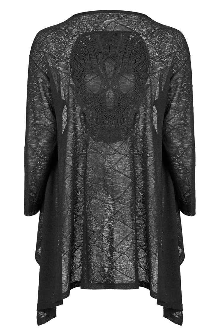 Charcoal Knit Asymmetric Jacket with Skull Back Print - Plus Size Goth