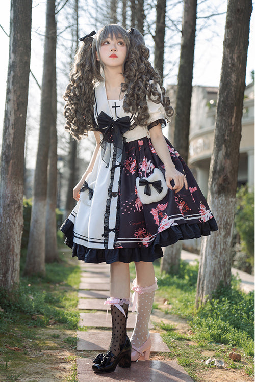 Monochrome Sailor Collar Berry Bear Print Ruffled Hem Sweet Dress