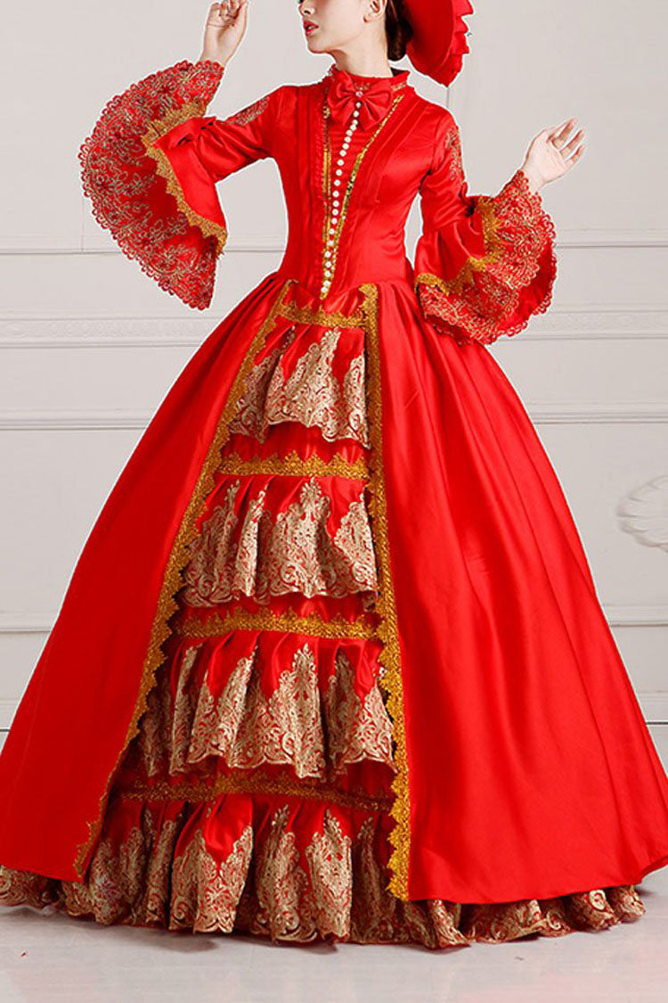 Ruffled Bowknot Victorian Gown with Trumpet Sleeves - High Waisted