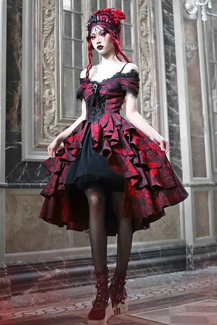 Black Red Feast in Hades Short Sleeve Print Ruffle Cardigan Dress