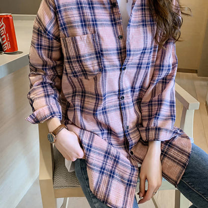 Plaid Print Pocket Lapel Loose Shirt