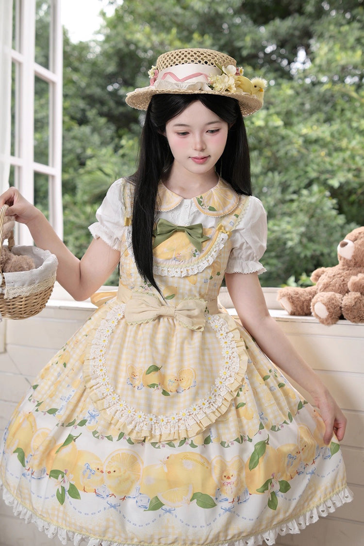 Sunshine Printed Ruffle Bow Lace Sweet Jumper Dress - Lemon Chicken