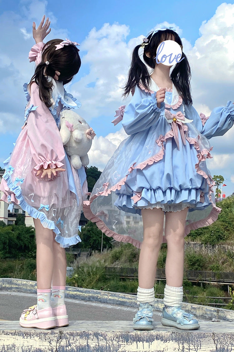 Pink Music Note Lace Sweet Lolita Dress with Bow and Ruffles