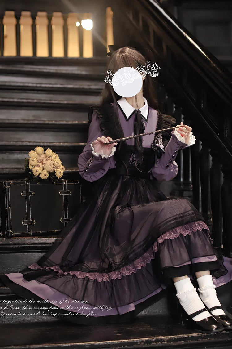 Noir Double Layer Ruffle Embroidered Bow Mesh Sweet JSK - Witch Academy