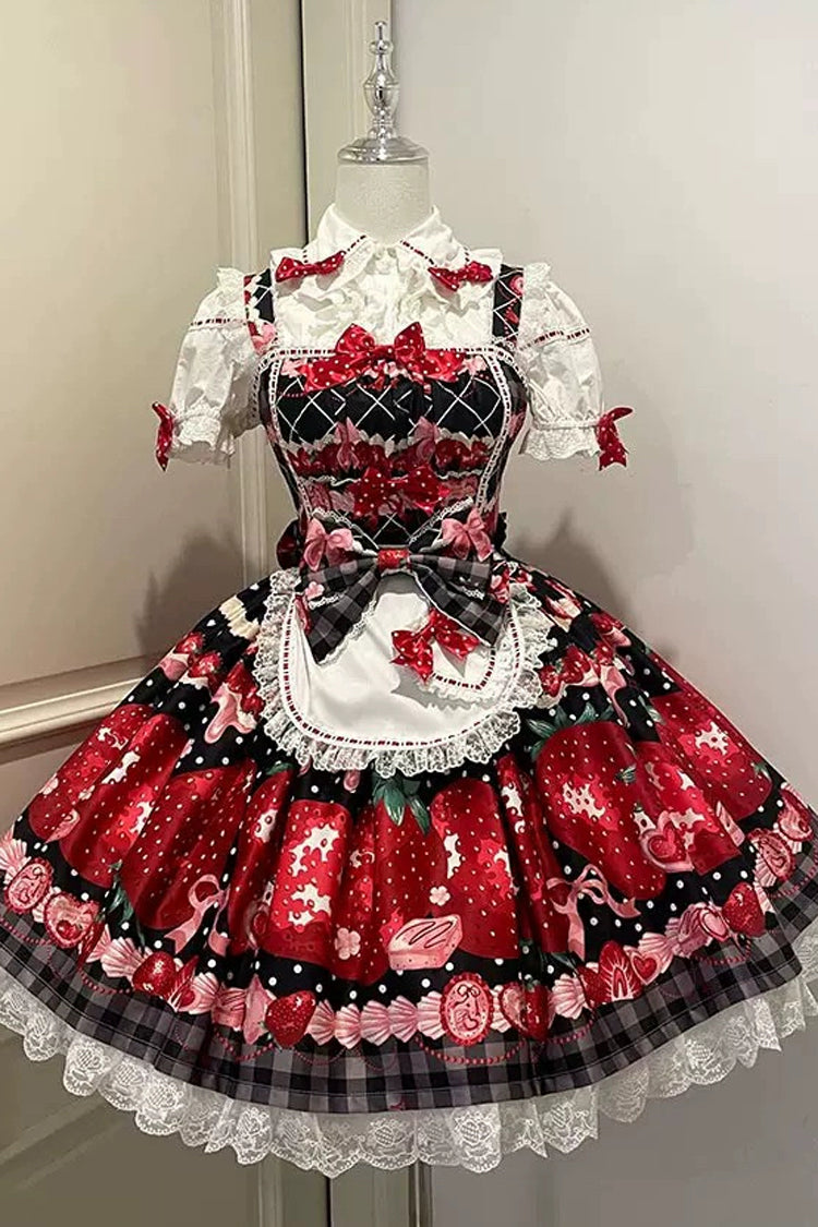Dream to Strawberry Print Ruffled Bow Lace Sweet Lolita JSK Dress - 4 Colors