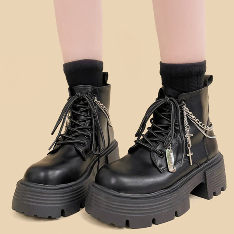 Cross Chain Decor Platform Round Toe Boots