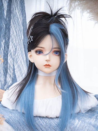 Black and Blue Highlights Long Straight Synthetic Wig