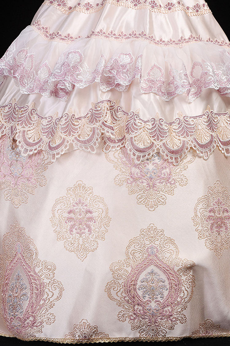 Pink Victorian Dress with Boat Neck and Floral Embroidery - Altfashion Shop