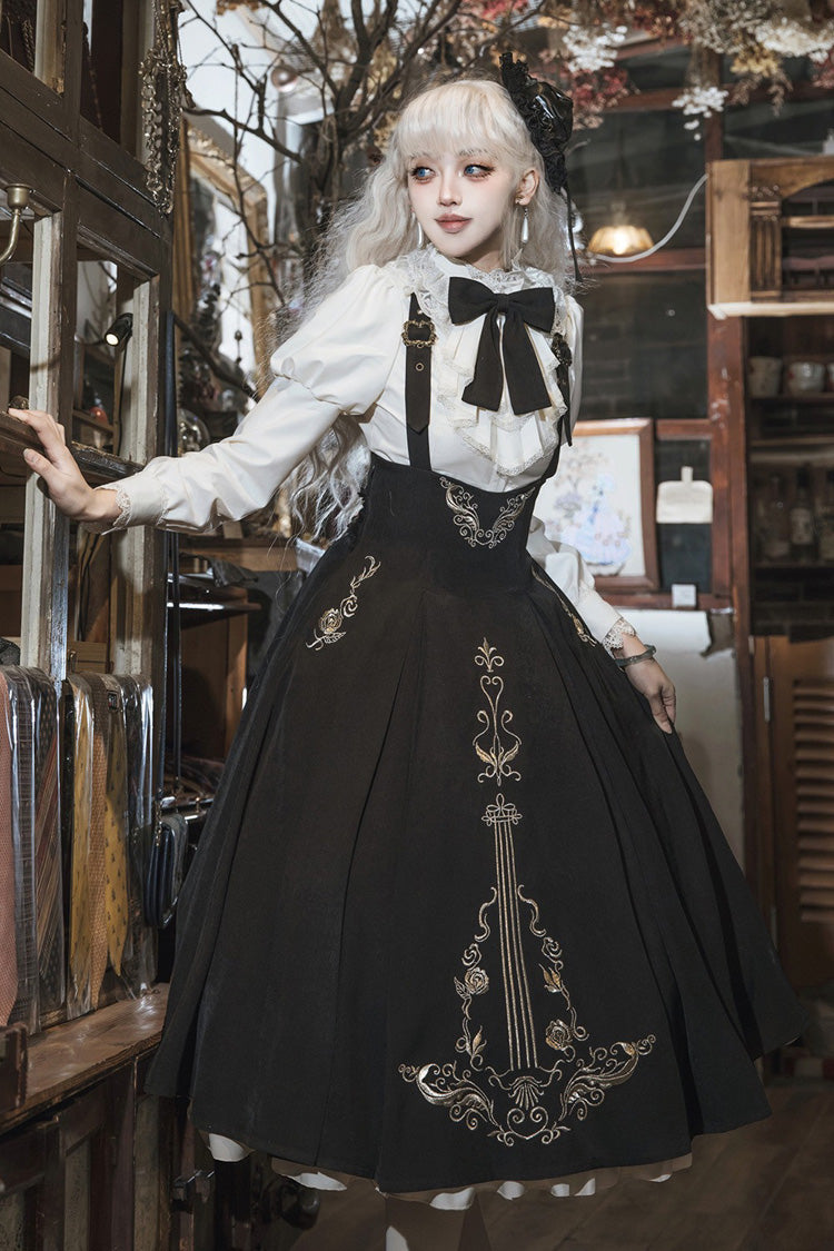 Black White Violin Variations Ruffled Embroidered Gothic Jumper Set