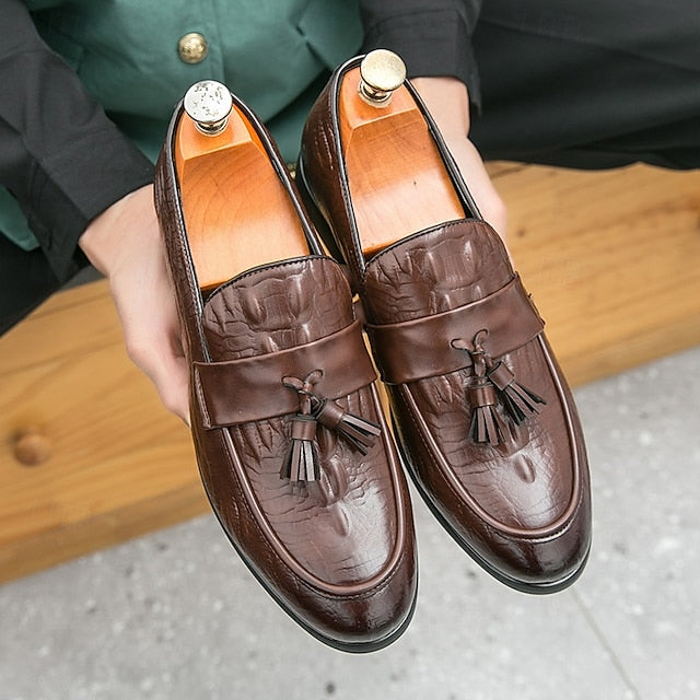 Men's Leather Loafers with Crocodile Embossed Faux Green