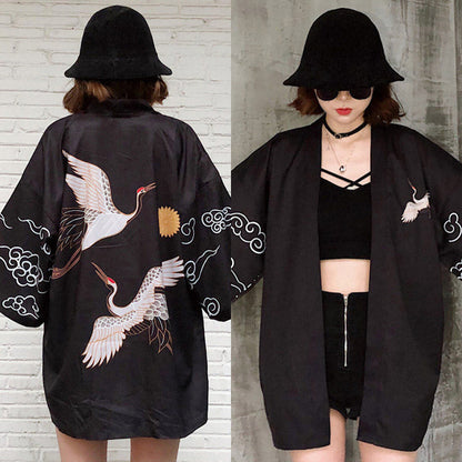 Vintage Crane Chinese Kimono Outerwear Sun Protective