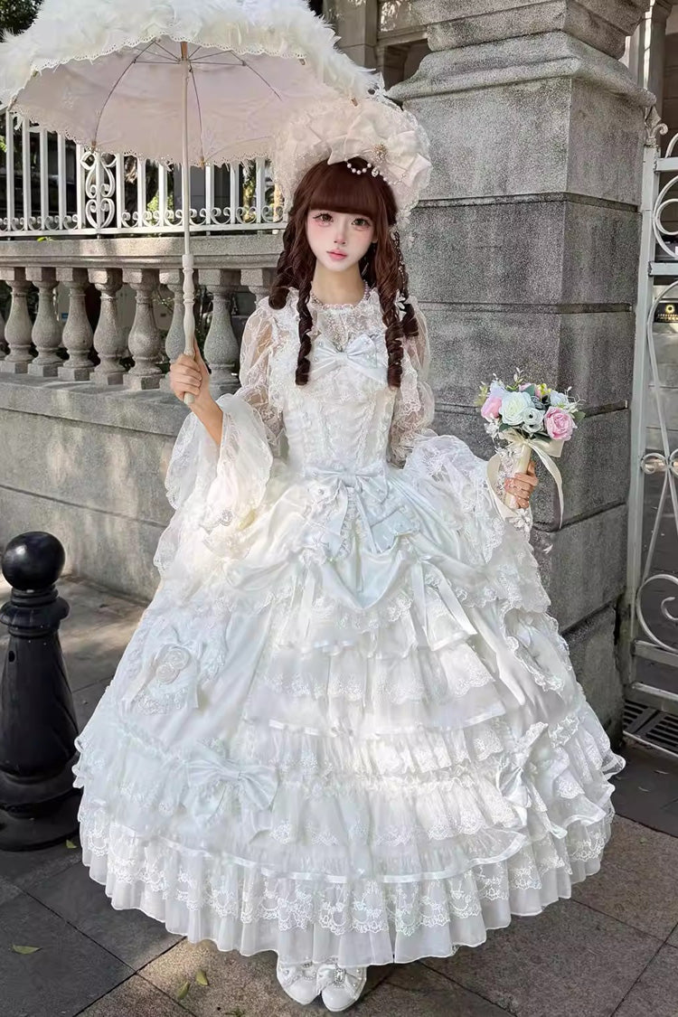 White Ode of the Curtain Multi-Layered Ruffled Hanayome Open-Front Bow Lace Lace-Up Sweet Long Jsk Dress