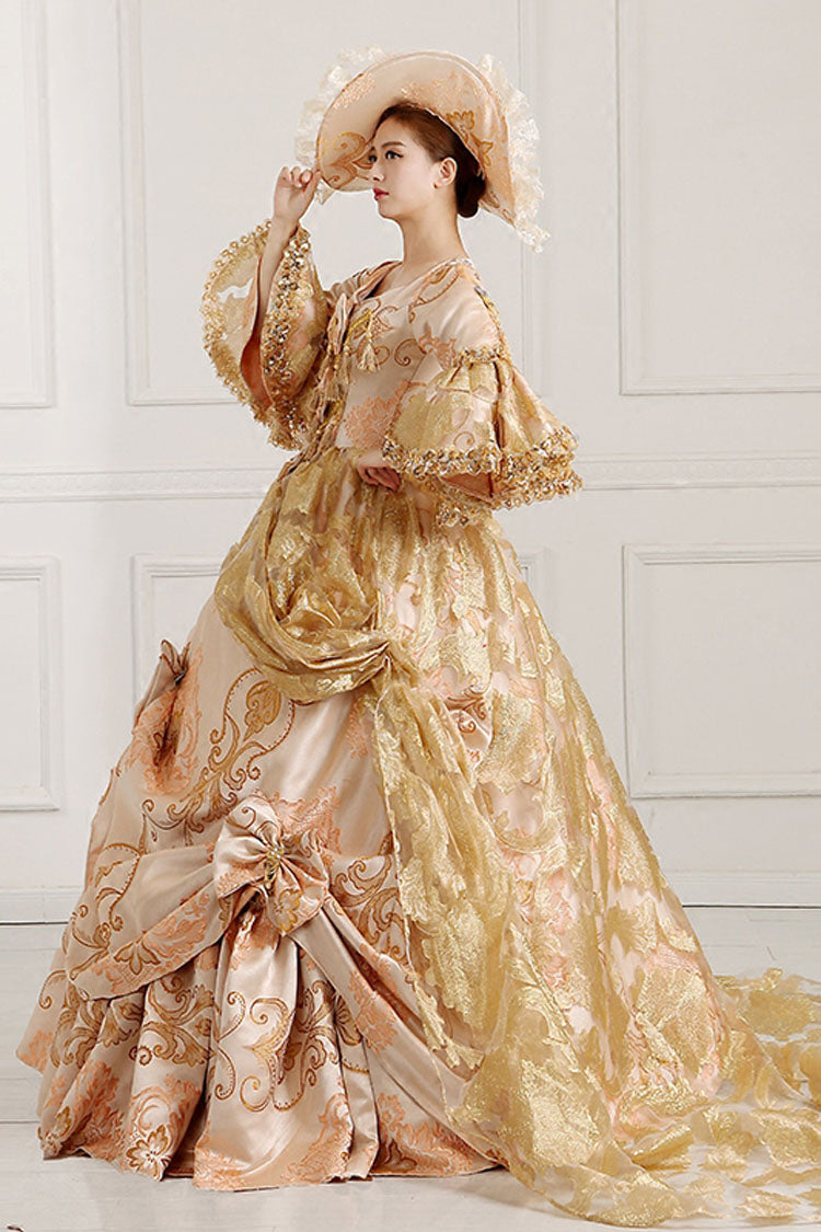 Beige Victorian Dress with Bow and Embroidered Floral Pattern - Altfashion Shop