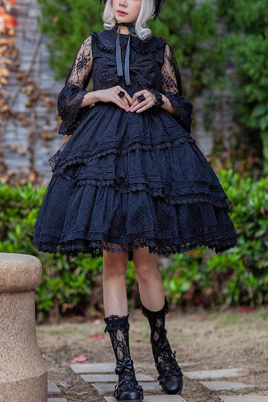 Black Gothic Lolita Dress with Tower of Dawn Bowknot and Ruffled Sleeveless