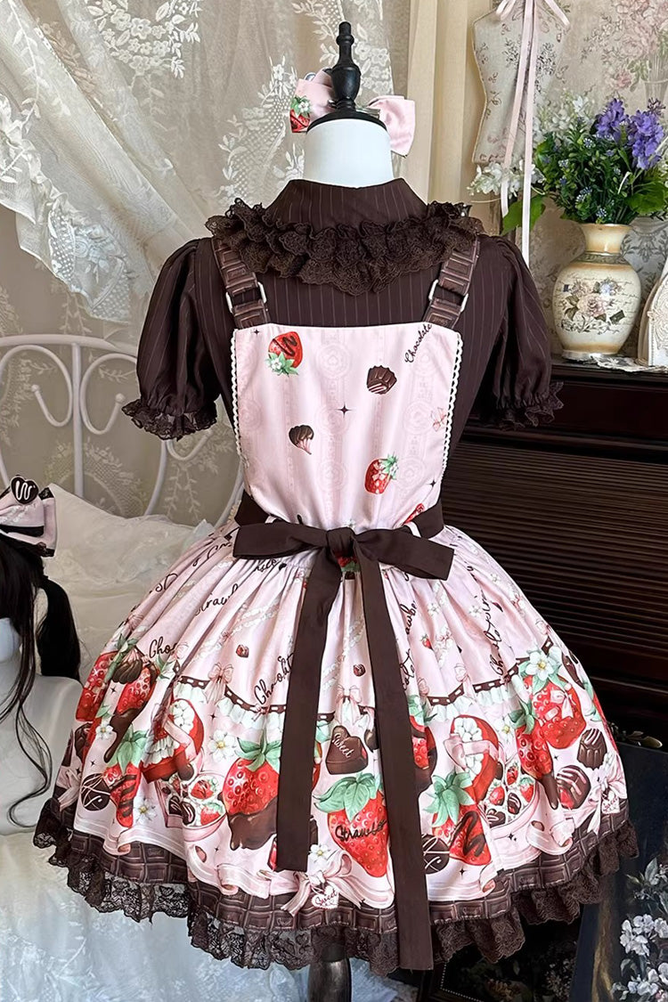 Sleeveless Printed Ruffled Embroidered Bow Lace Sweet Lolita Strap Dress - Strawberry Chocolate Lover