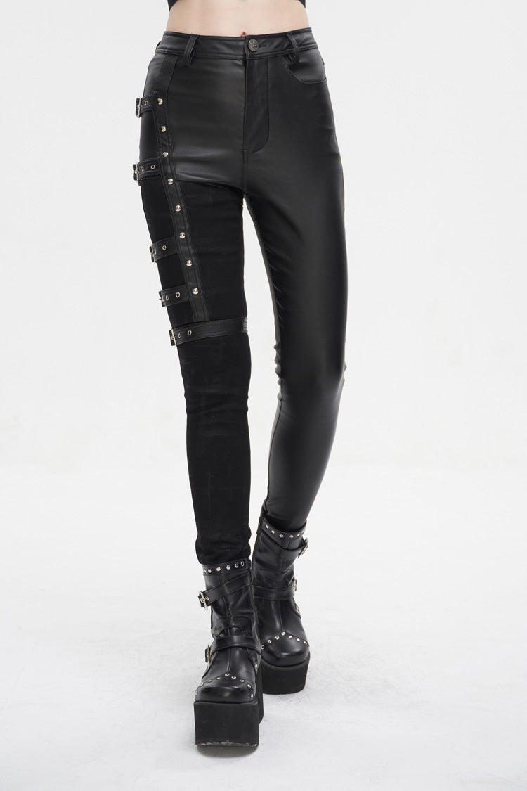 Leather Multi-Buckle Splice Punk Trousers for Women