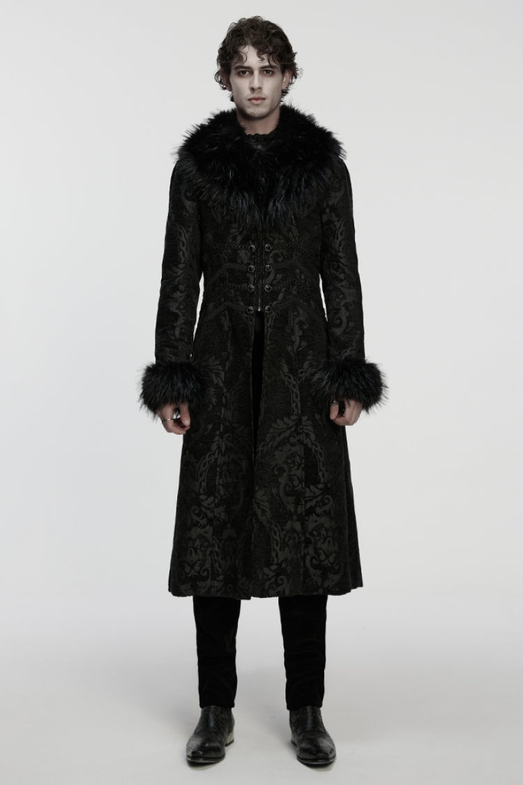 Men's Gothic Long Coat with Faux Fur Collar, Jacquard & Zipper in Black