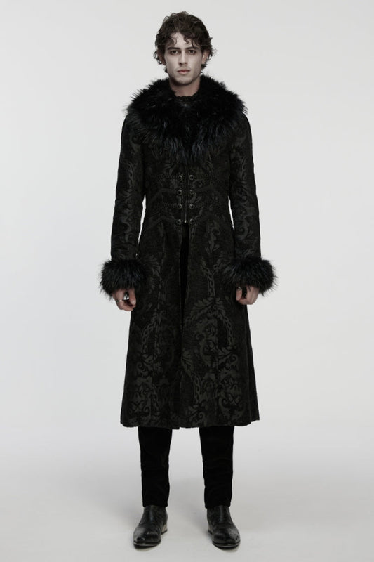 Men's Gothic Long Coat with Faux Fur Collar, Jacquard & Zipper in Black