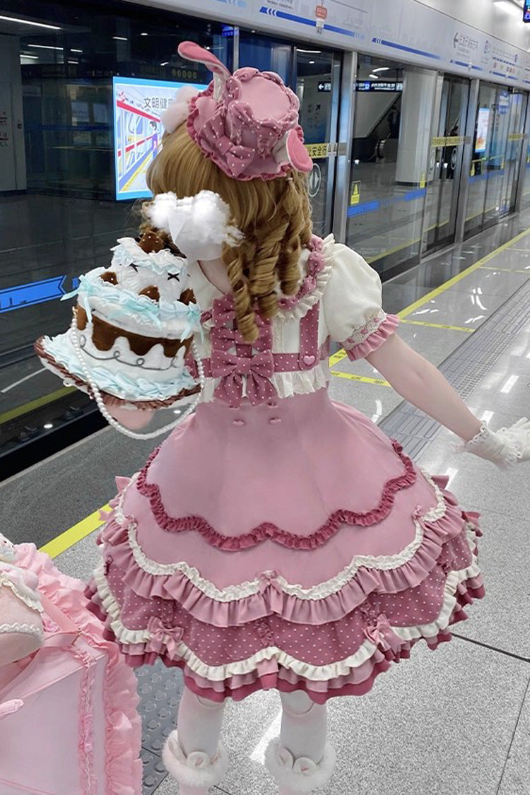 Bunny Parfait Short Sleeve Multi-Layered Ruffled Bow Sweet Lolita Dress - Pink