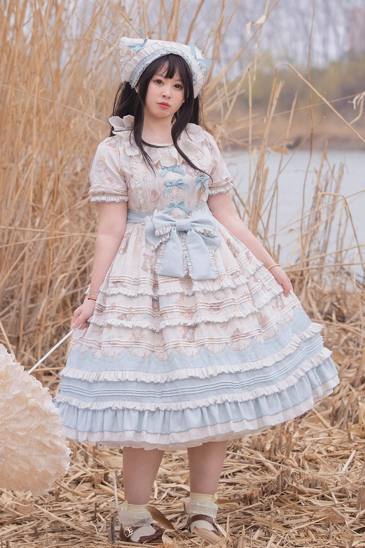 Harvest Bear Print Short Sleeve Layered Ruffle Bow Plus Size Lolita Gown
