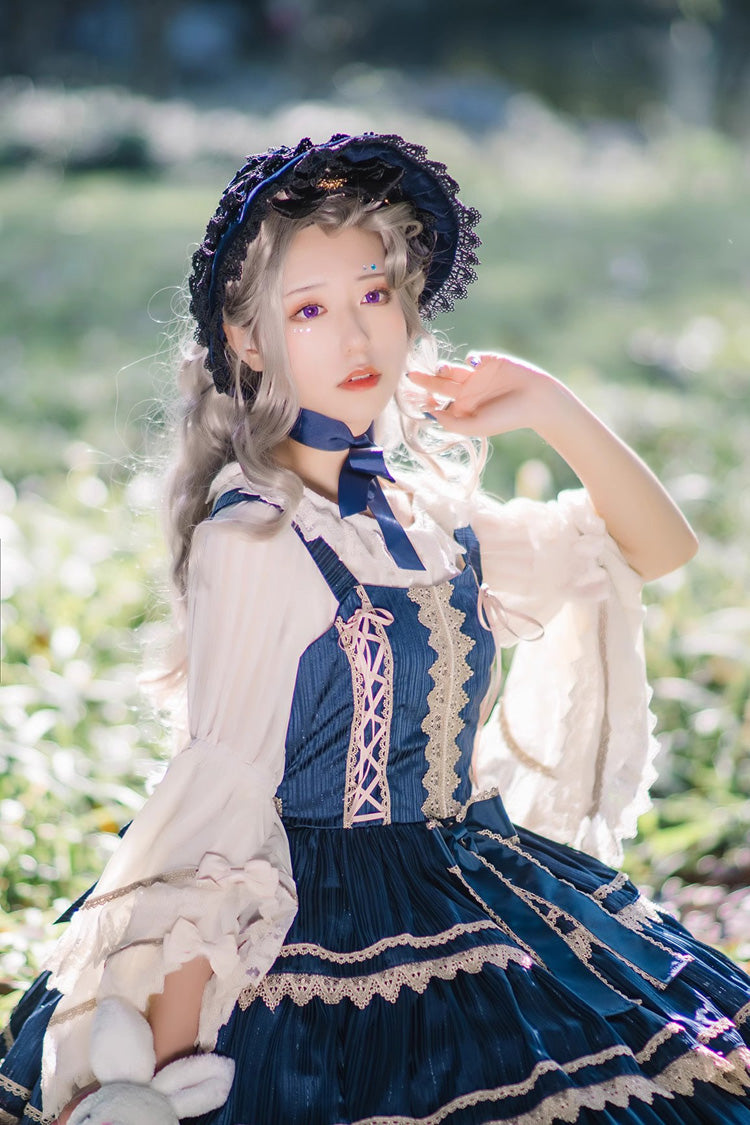 Dark Blue Three-Tiered Sweet Lolita Dress with Ribbon and Sleeveless