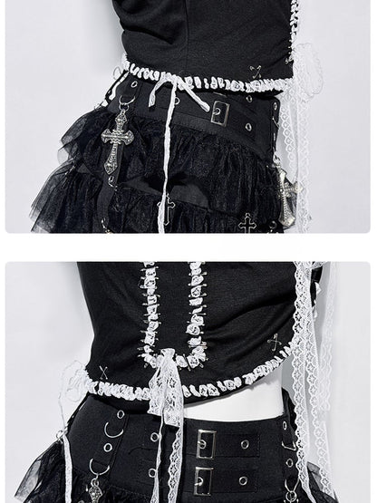 Black Cross White Lace Trim Fake Two-piece Top