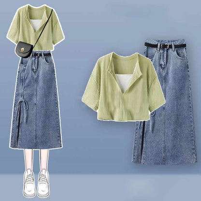 Fake Two Pieces Crop Top  T-Shirt Split Denim Skirt