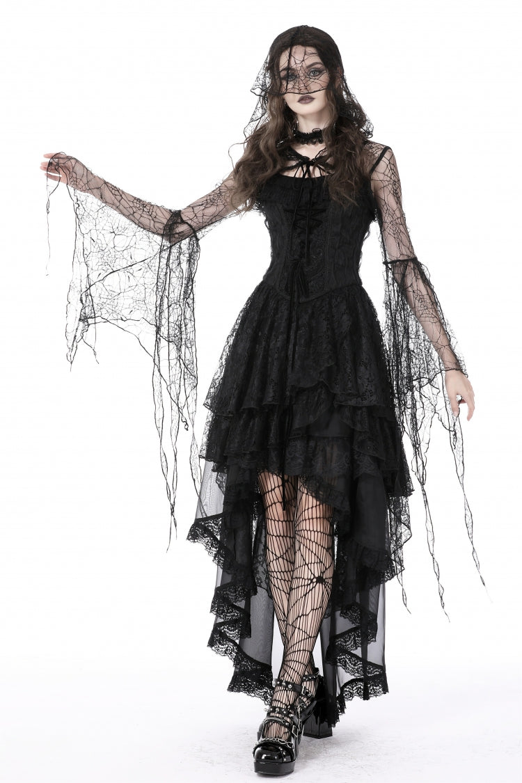 Midnight Spider Web Hooded Cape with Flared Lace-Up Sleeves - Gothic Sheer