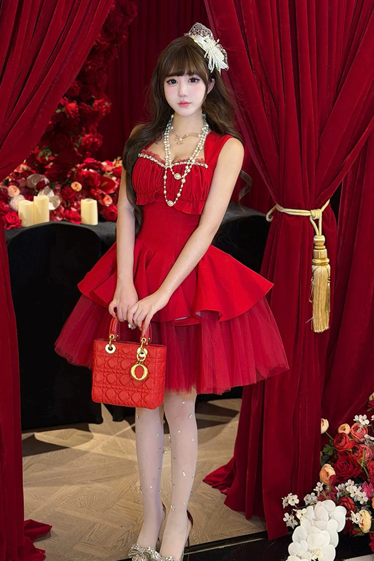 Crimson Romantic Rose Square Neck Sleeveless Ruffled Classic Ballet Lolita Gown