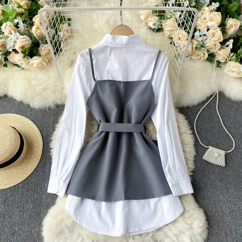 Irregular Belted Slip Dress Shirt Set