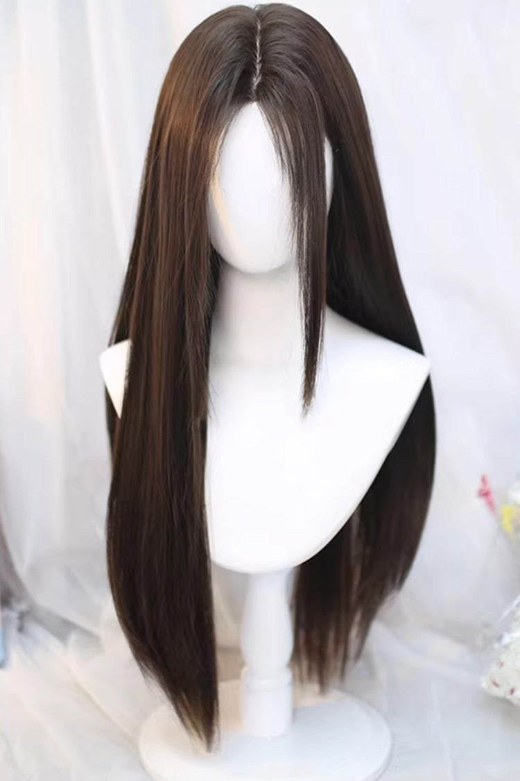 Natural Long Straight Wig with Curtain Bangs - Cool Brown Daily Style