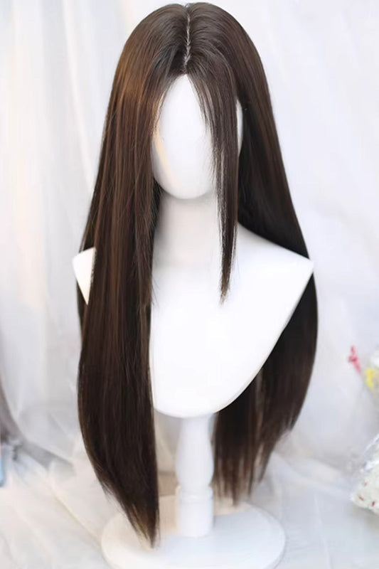 Natural Long Straight Wig with Curtain Bangs - Cool Brown Daily Style