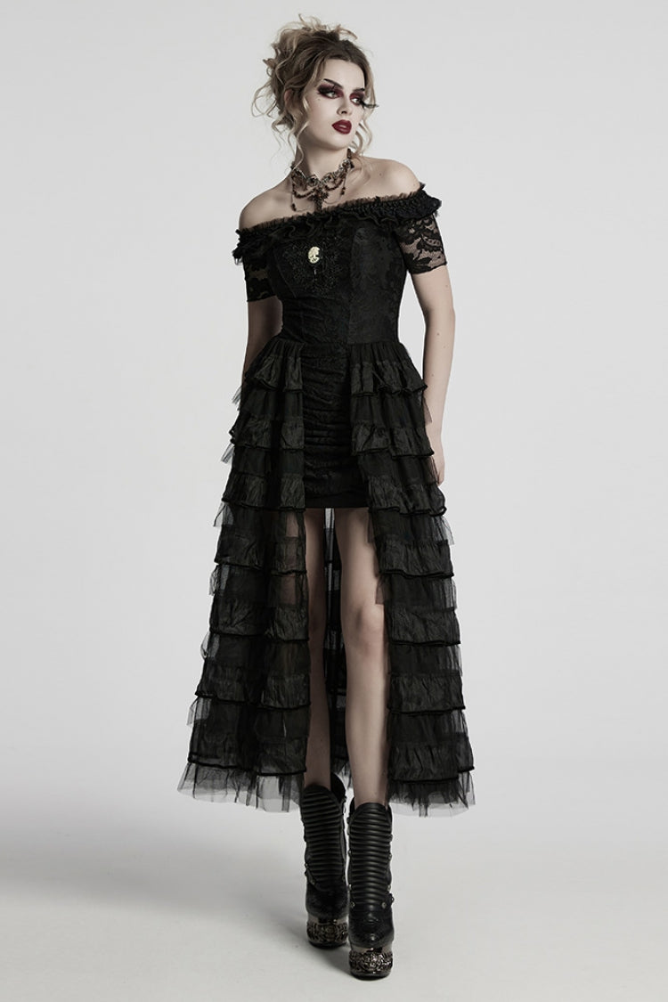 Off-Shoulder Embroidered Punk Dress with Short Sleeves