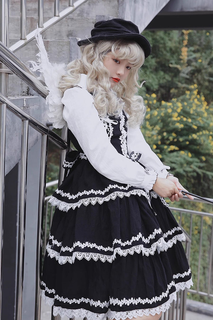 Black and White Three-Tiered Sweet Lolita Dress with Ribbon and Sleeveless